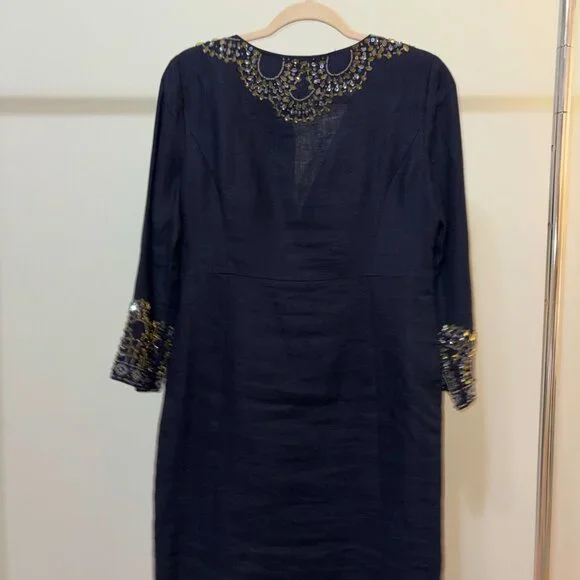 Navy Tory Burch Linen Mini Bedazzled Dress - Picture 3 of 4